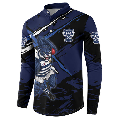 Geelong Football Club Button Sweatshirt Cats Muscular Mascot Graphic - Abstract Paint Splatter Art