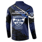 Geelong Football Club Button Sweatshirt Cats Muscular Mascot Graphic - Abstract Paint Splatter Art