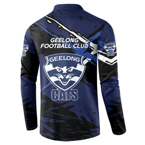 Geelong Football Club Button Sweatshirt Cats Muscular Mascot Graphic - Abstract Paint Splatter Art