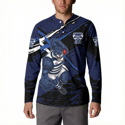 Geelong Football Club Button Sweatshirt Cats Muscular Mascot Graphic - Abstract Paint Splatter Art