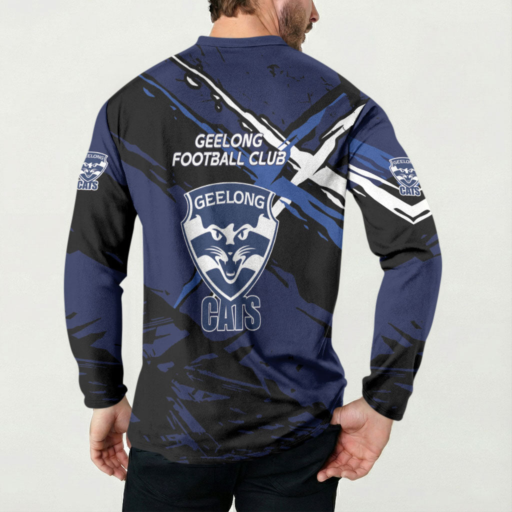 Geelong Football Club Button Sweatshirt Cats Muscular Mascot Graphic - Abstract Paint Splatter Art