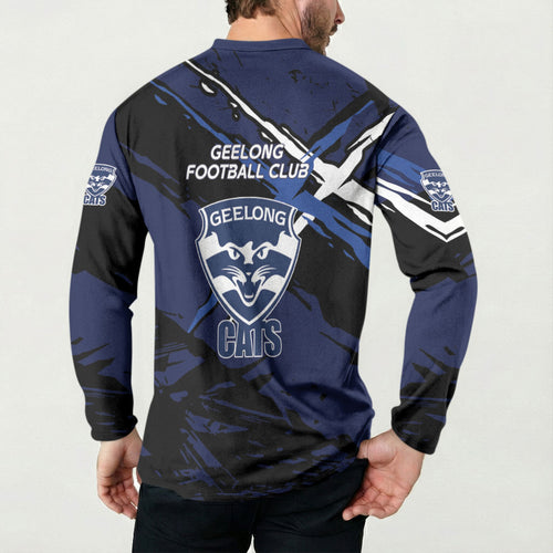 Geelong Football Club Button Sweatshirt Cats Muscular Mascot Graphic - Abstract Paint Splatter Art