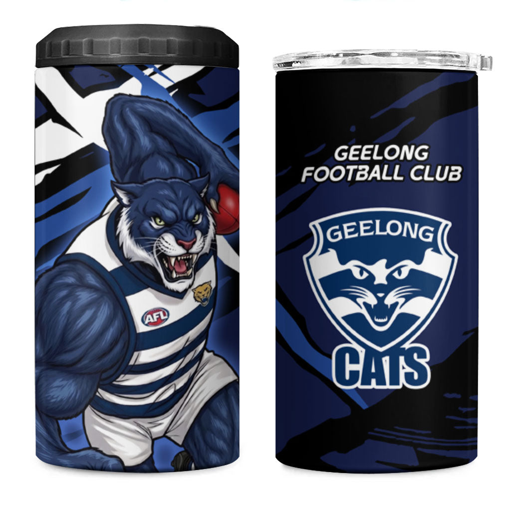 Geelong Football Club 4 in 1 Can Cooler Tumbler Cats Muscular Mascot Graphic - Abstract Paint Splatter Art