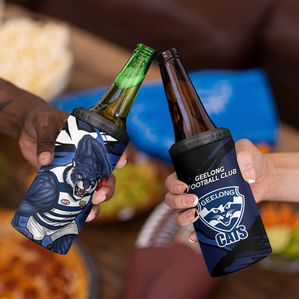 Geelong Football Club 4 in 1 Can Cooler Tumbler Cats Muscular Mascot Graphic - Abstract Paint Splatter Art