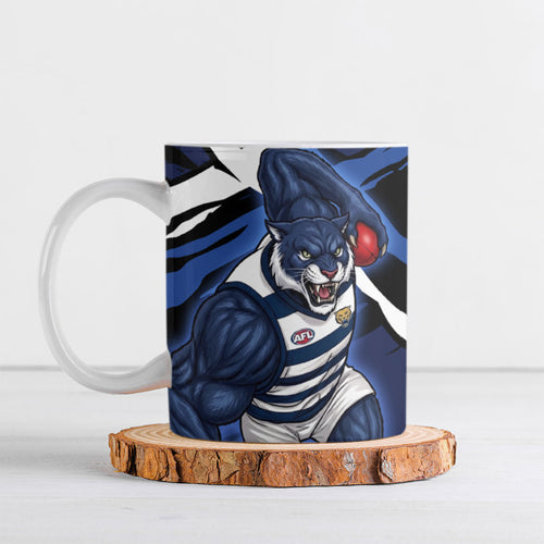 Geelong Football Club Ceramic Mug Cats Muscular Mascot Graphic - Abstract Paint Splatter Art