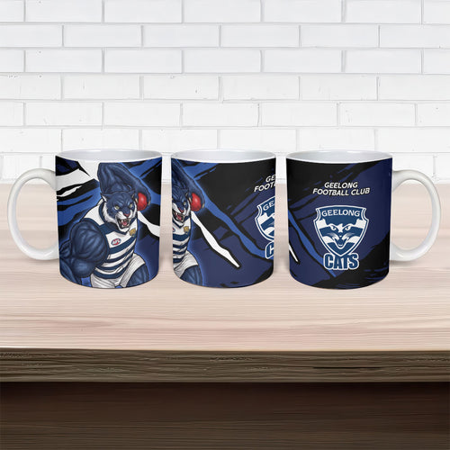 Geelong Football Club Ceramic Mug Cats Muscular Mascot Graphic - Abstract Paint Splatter Art
