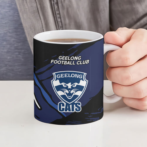 Geelong Football Club Ceramic Mug Cats Muscular Mascot Graphic - Abstract Paint Splatter Art