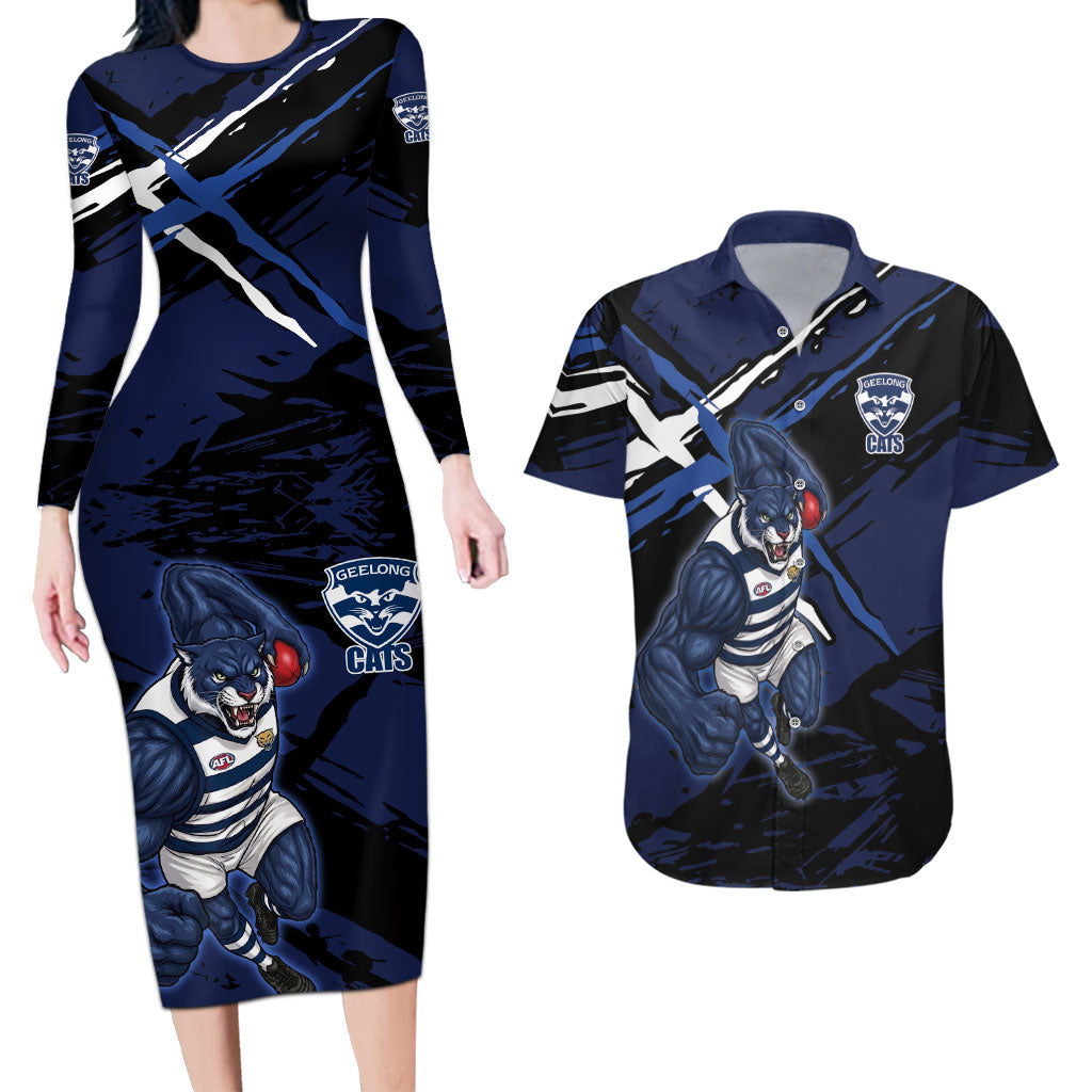 Geelong Football Club Couples Matching Long Sleeve Bodycon Dress and Hawaiian Shirt Cats Muscular Mascot Graphic - Abstract Paint Splatter Art