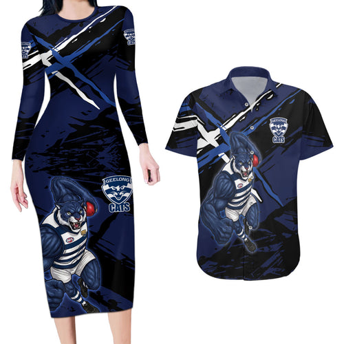Geelong Football Club Couples Matching Long Sleeve Bodycon Dress and Hawaiian Shirt Cats Muscular Mascot Graphic - Abstract Paint Splatter Art