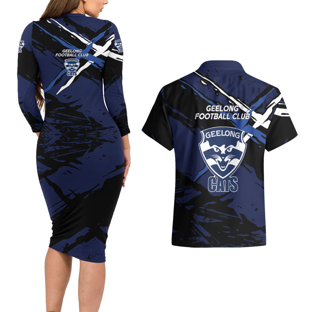 Geelong Football Club Couples Matching Long Sleeve Bodycon Dress and Hawaiian Shirt Cats Muscular Mascot Graphic - Abstract Paint Splatter Art