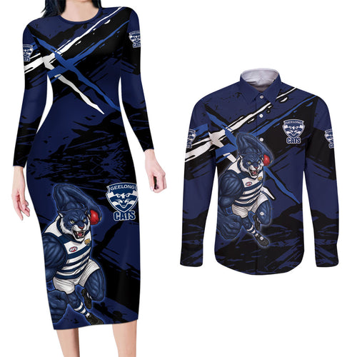 Geelong Football Club Couples Matching Long Sleeve Bodycon Dress and Long Sleeve Button Shirt Cats Muscular Mascot Graphic - Abstract Paint Splatter Art