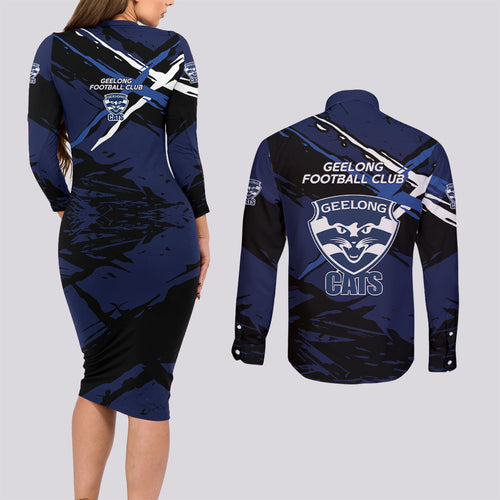 Geelong Football Club Couples Matching Long Sleeve Bodycon Dress and Long Sleeve Button Shirt Cats Muscular Mascot Graphic - Abstract Paint Splatter Art