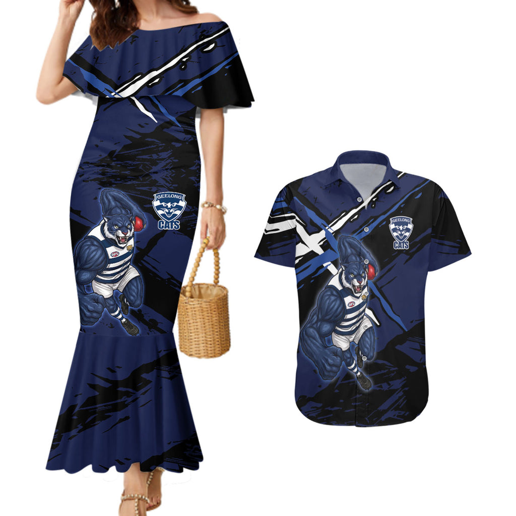 Geelong Football Club Couples Matching Mermaid Dress and Hawaiian Shirt Cats Muscular Mascot Graphic - Abstract Paint Splatter Art