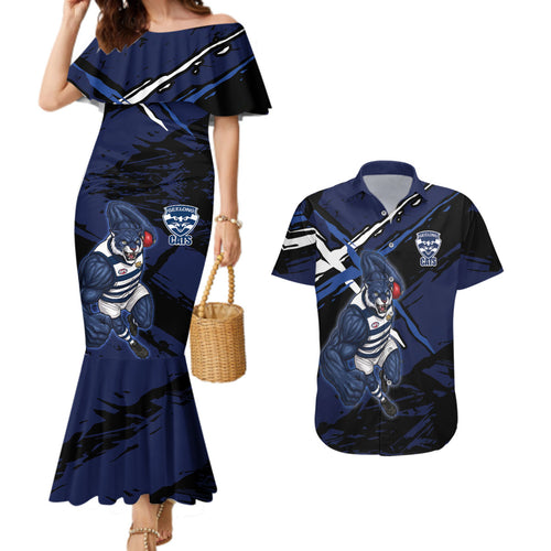 Geelong Football Club Couples Matching Mermaid Dress and Hawaiian Shirt Cats Muscular Mascot Graphic - Abstract Paint Splatter Art