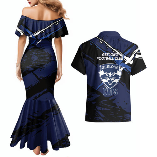 Geelong Football Club Couples Matching Mermaid Dress and Hawaiian Shirt Cats Muscular Mascot Graphic - Abstract Paint Splatter Art