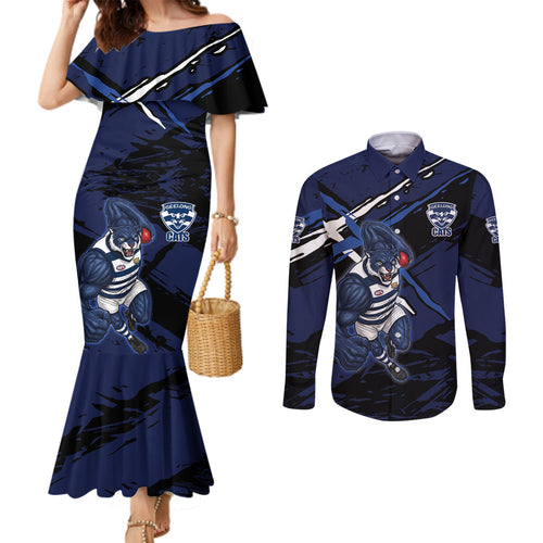Geelong Football Club Couples Matching Mermaid Dress and Long Sleeve Button Shirt Cats Muscular Mascot Graphic - Abstract Paint Splatter Art
