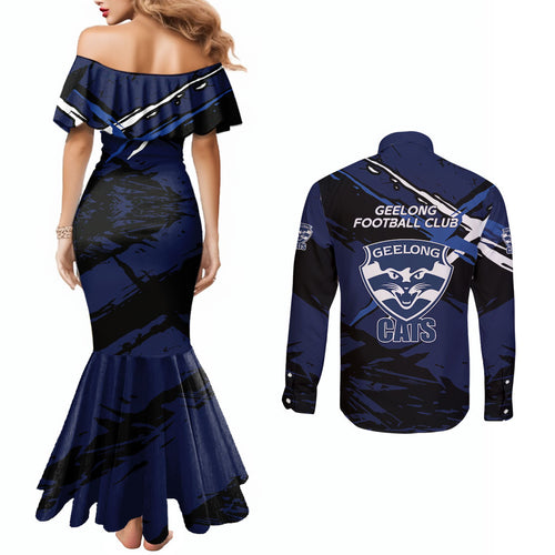 Geelong Football Club Couples Matching Mermaid Dress and Long Sleeve Button Shirt Cats Muscular Mascot Graphic - Abstract Paint Splatter Art