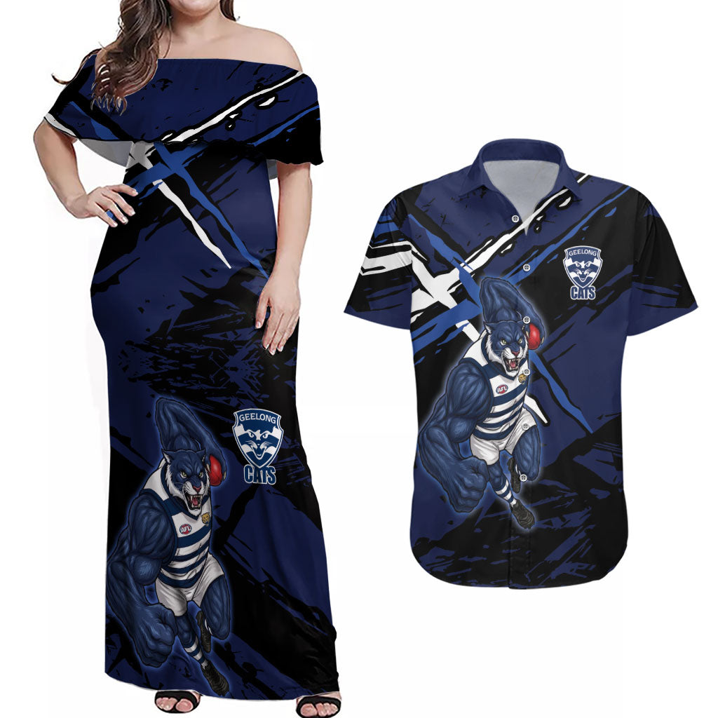Geelong Football Club Couples Matching Off Shoulder Maxi Dress and Hawaiian Shirt Cats Muscular Mascot Graphic - Abstract Paint Splatter Art