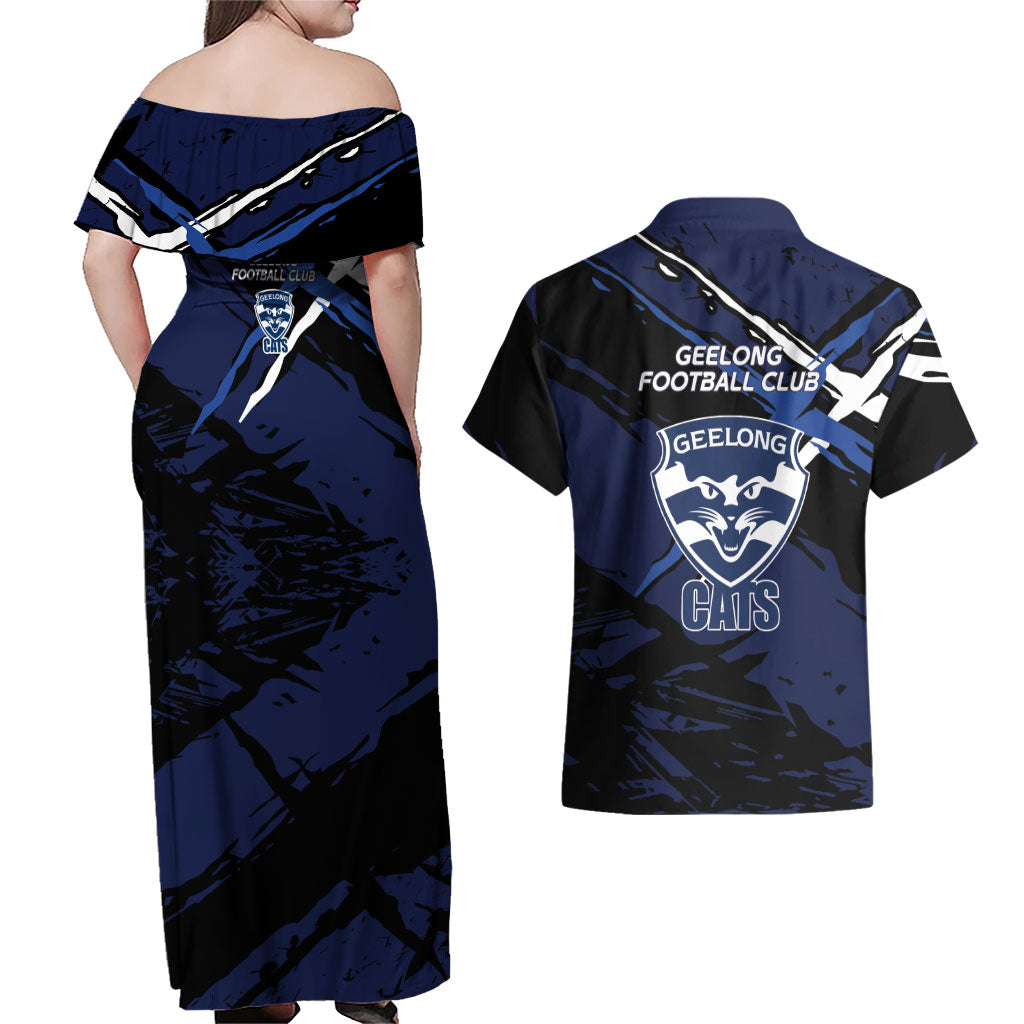 Geelong Football Club Couples Matching Off Shoulder Maxi Dress and Hawaiian Shirt Cats Muscular Mascot Graphic - Abstract Paint Splatter Art