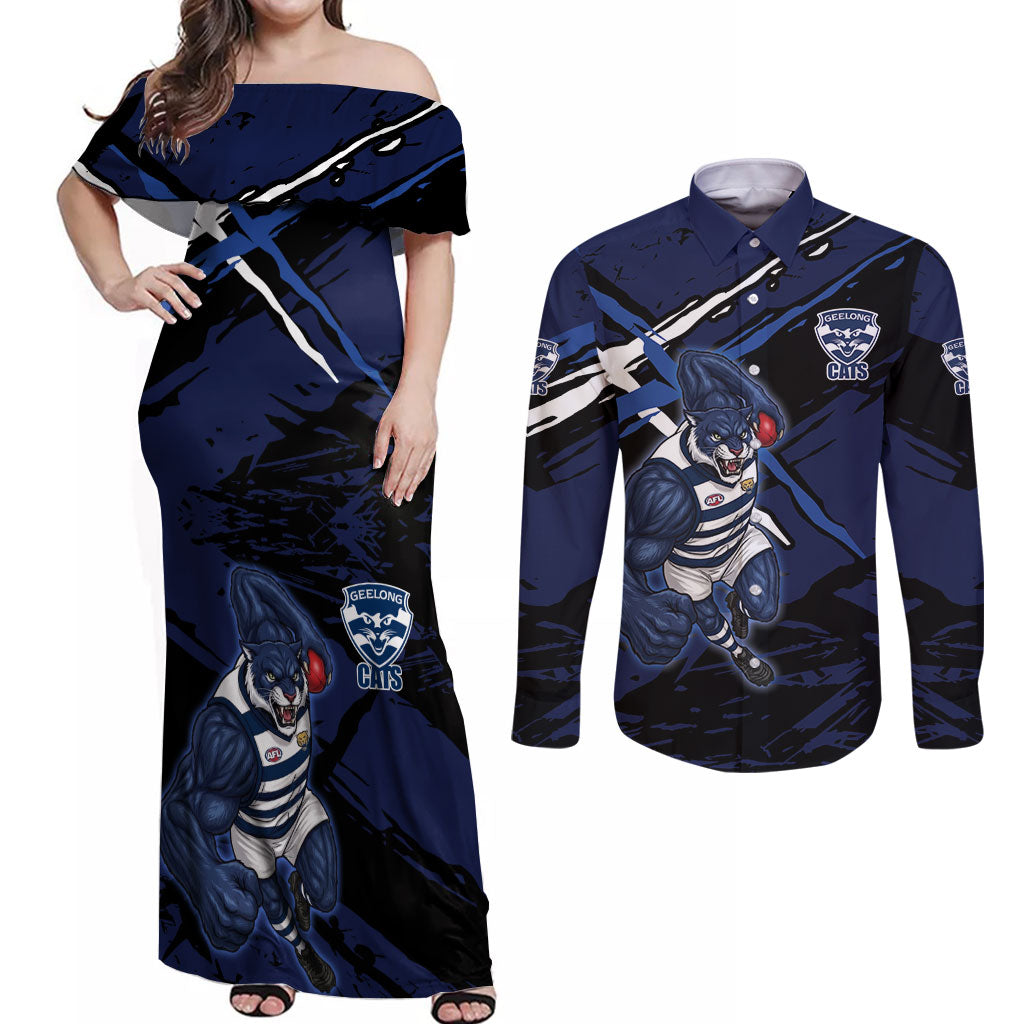 Geelong Football Club Couples Matching Off Shoulder Maxi Dress and Long Sleeve Button Shirt Cats Muscular Mascot Graphic - Abstract Paint Splatter Art
