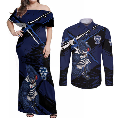 Geelong Football Club Couples Matching Off Shoulder Maxi Dress and Long Sleeve Button Shirt Cats Muscular Mascot Graphic - Abstract Paint Splatter Art