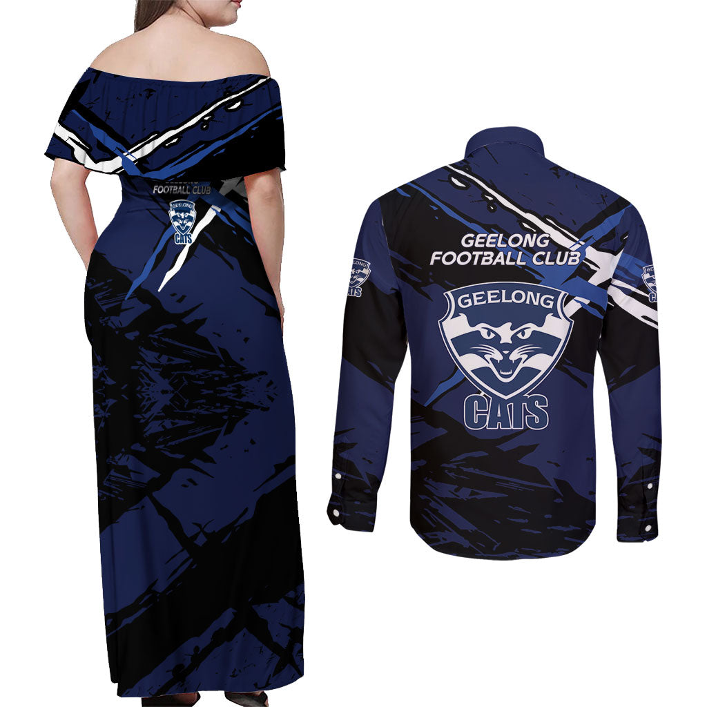 Geelong Football Club Couples Matching Off Shoulder Maxi Dress and Long Sleeve Button Shirt Cats Muscular Mascot Graphic - Abstract Paint Splatter Art