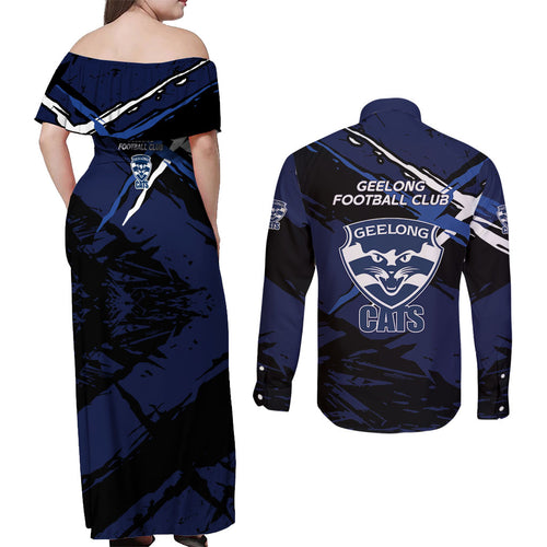 Geelong Football Club Couples Matching Off Shoulder Maxi Dress and Long Sleeve Button Shirt Cats Muscular Mascot Graphic - Abstract Paint Splatter Art