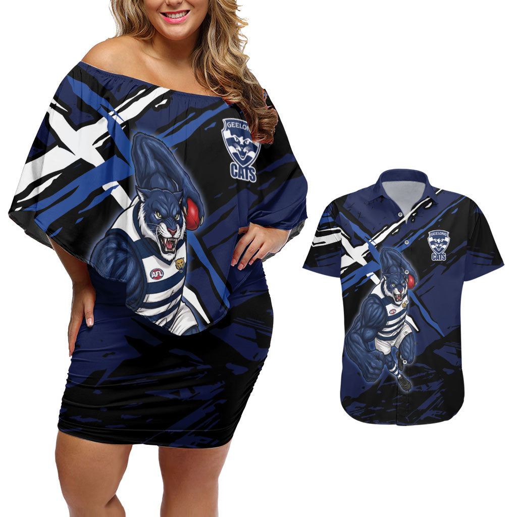 Geelong Football Club Couples Matching Off Shoulder Short Dress and Hawaiian Shirt Cats Muscular Mascot Graphic - Abstract Paint Splatter Art