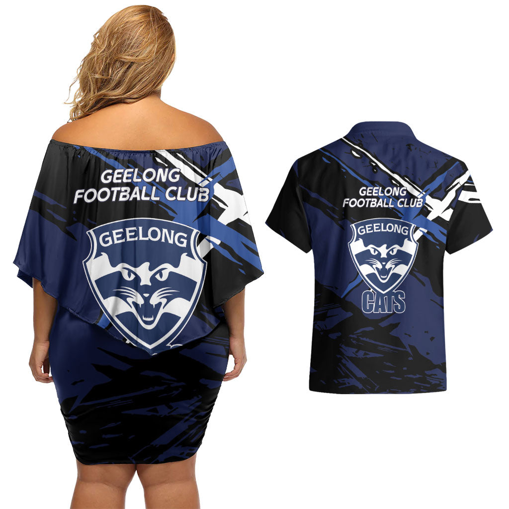 Geelong Football Club Couples Matching Off Shoulder Short Dress and Hawaiian Shirt Cats Muscular Mascot Graphic - Abstract Paint Splatter Art