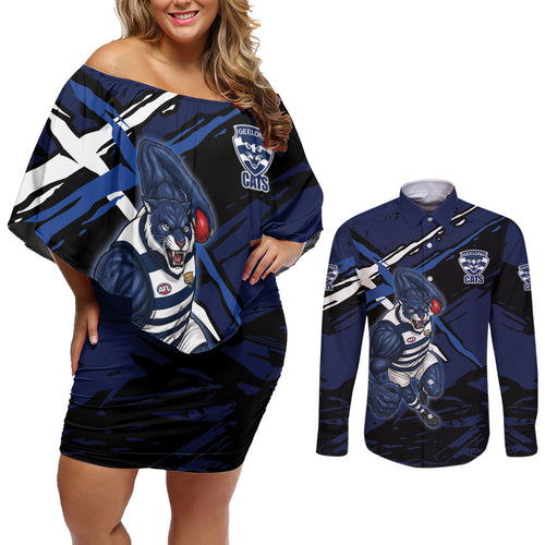 Geelong Football Club Couples Matching Off Shoulder Short Dress and Long Sleeve Button Shirt Cats Muscular Mascot Graphic - Abstract Paint Splatter Art