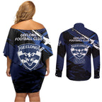 Geelong Football Club Couples Matching Off Shoulder Short Dress and Long Sleeve Button Shirt Cats Muscular Mascot Graphic - Abstract Paint Splatter Art