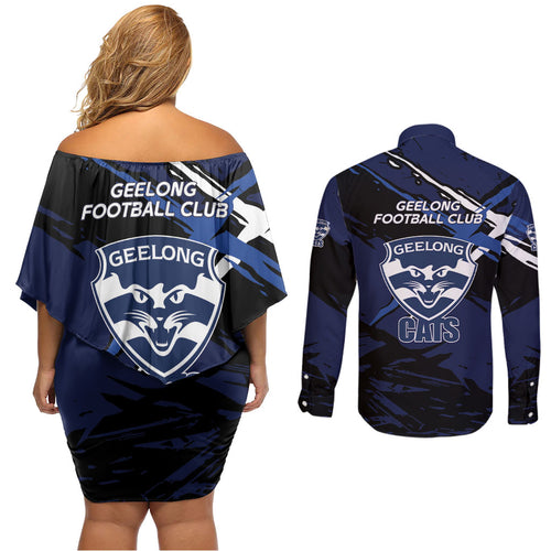 Geelong Football Club Couples Matching Off Shoulder Short Dress and Long Sleeve Button Shirt Cats Muscular Mascot Graphic - Abstract Paint Splatter Art