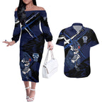 Geelong Football Club Couples Matching Off The Shoulder Long Sleeve Dress and Hawaiian Shirt Cats Muscular Mascot Graphic - Abstract Paint Splatter Art