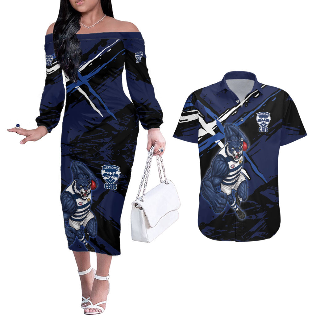 Geelong Football Club Couples Matching Off The Shoulder Long Sleeve Dress and Hawaiian Shirt Cats Muscular Mascot Graphic - Abstract Paint Splatter Art