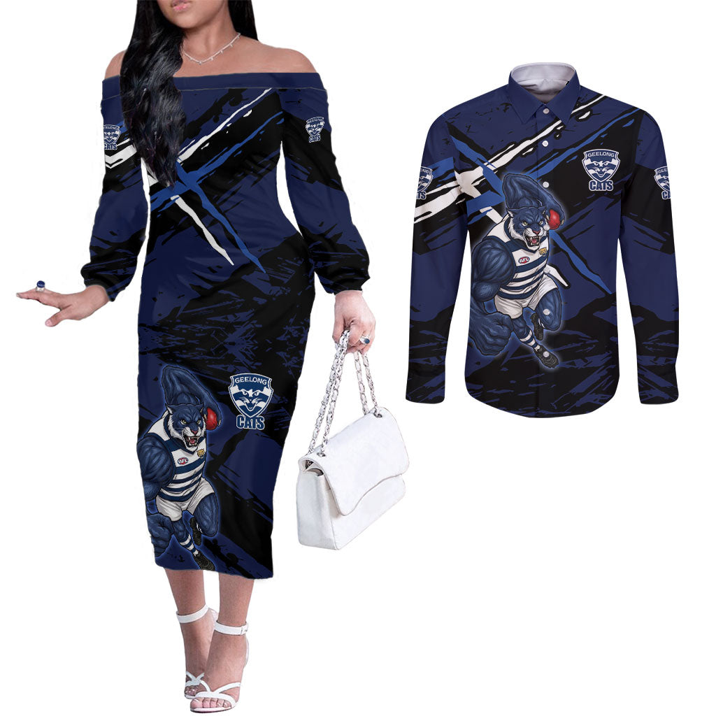 Geelong Football Club Couples Matching Off The Shoulder Long Sleeve Dress and Long Sleeve Button Shirt Cats Muscular Mascot Graphic - Abstract Paint Splatter Art