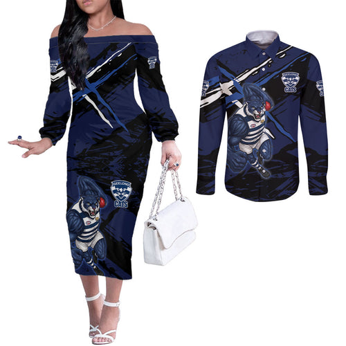 Geelong Football Club Couples Matching Off The Shoulder Long Sleeve Dress and Long Sleeve Button Shirt Cats Muscular Mascot Graphic - Abstract Paint Splatter Art