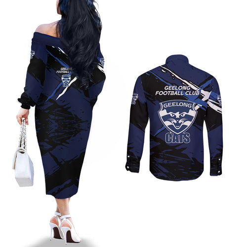 Geelong Football Club Couples Matching Off The Shoulder Long Sleeve Dress and Long Sleeve Button Shirt Cats Muscular Mascot Graphic - Abstract Paint Splatter Art