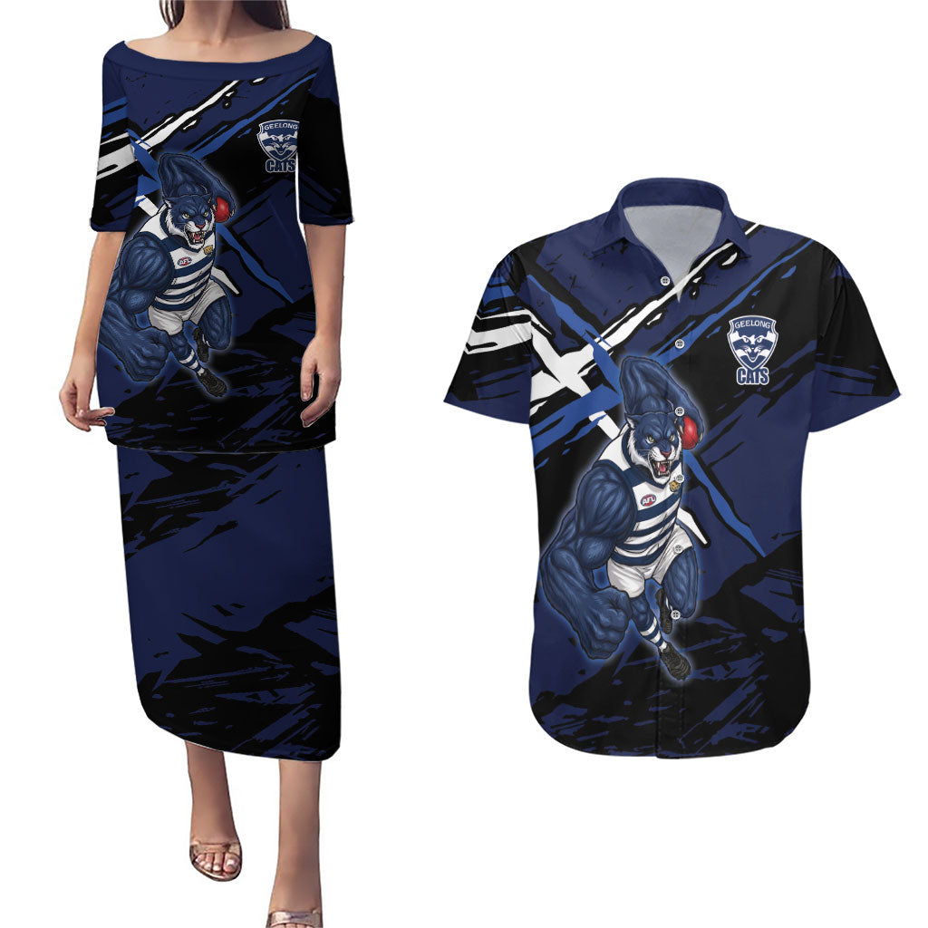Geelong Football Club Couples Matching Puletasi and Hawaiian Shirt Cats Muscular Mascot Graphic - Abstract Paint Splatter Art
