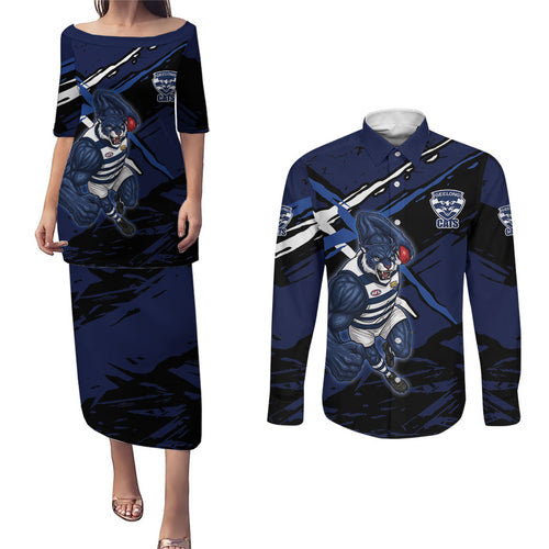 Geelong Football Club Couples Matching Puletasi and Long Sleeve Button Shirt Cats Muscular Mascot Graphic - Abstract Paint Splatter Art