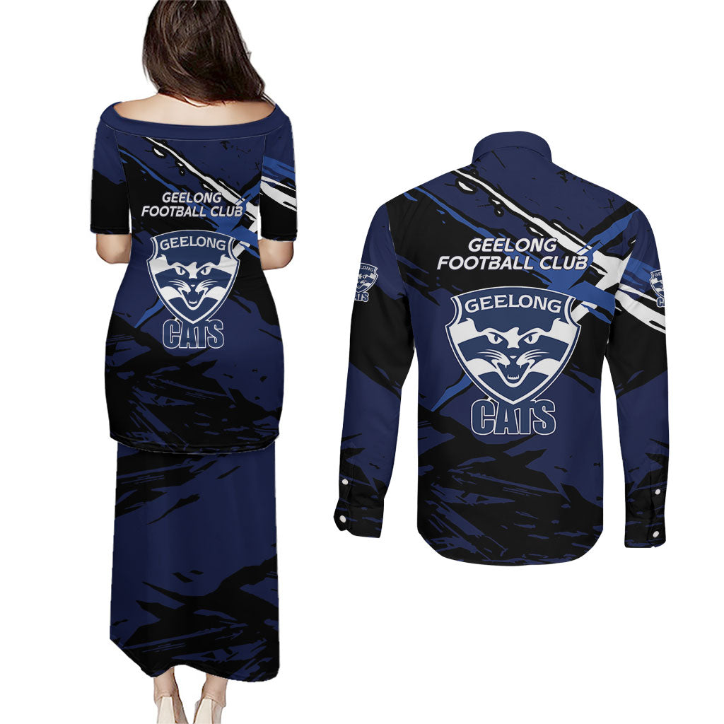 Geelong Football Club Couples Matching Puletasi and Long Sleeve Button Shirt Cats Muscular Mascot Graphic - Abstract Paint Splatter Art