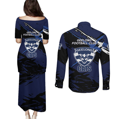 Geelong Football Club Couples Matching Puletasi and Long Sleeve Button Shirt Cats Muscular Mascot Graphic - Abstract Paint Splatter Art