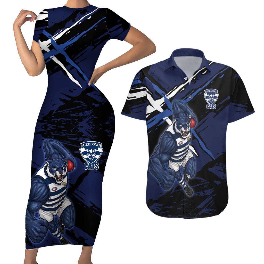 Geelong Football Club Couples Matching Short Sleeve Bodycon Dress and Hawaiian Shirt Cats Muscular Mascot Graphic - Abstract Paint Splatter Art