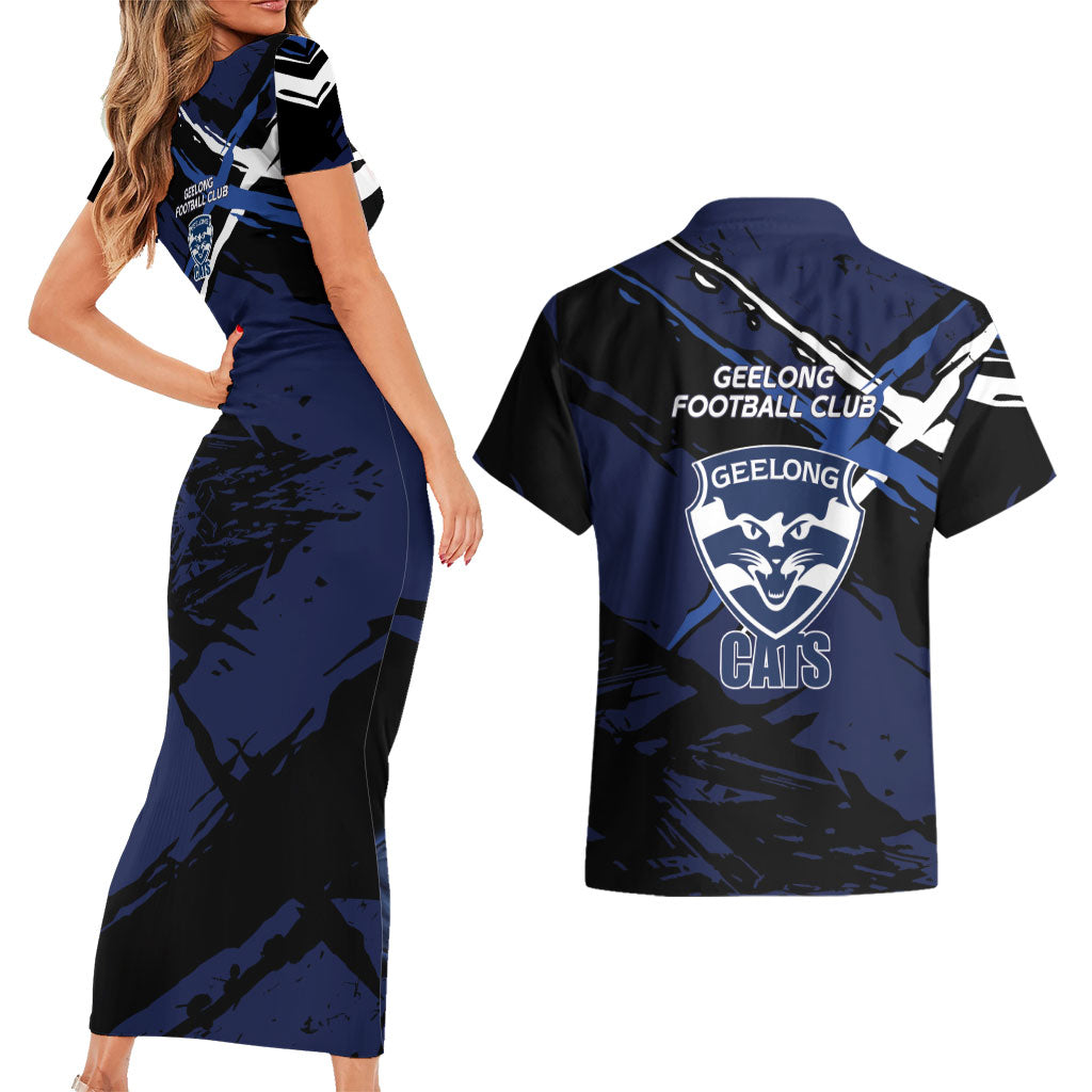 Geelong Football Club Couples Matching Short Sleeve Bodycon Dress and Hawaiian Shirt Cats Muscular Mascot Graphic - Abstract Paint Splatter Art