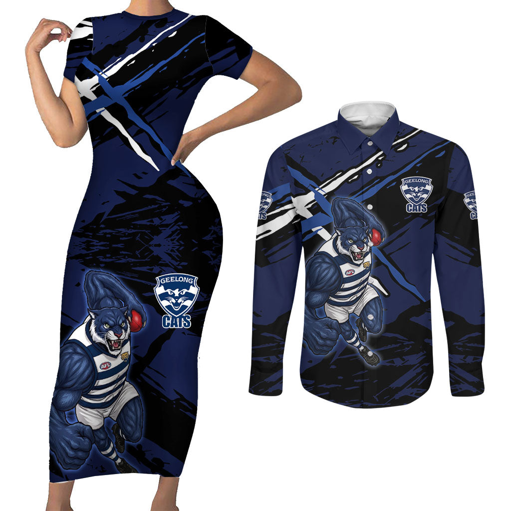 Geelong Football Club Couples Matching Short Sleeve Bodycon Dress and Long Sleeve Button Shirt Cats Muscular Mascot Graphic - Abstract Paint Splatter Art