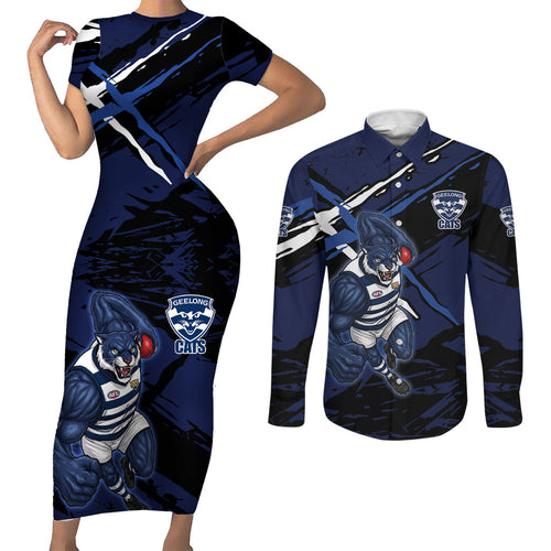 Geelong Football Club Couples Matching Short Sleeve Bodycon Dress and Long Sleeve Button Shirt Cats Muscular Mascot Graphic - Abstract Paint Splatter Art