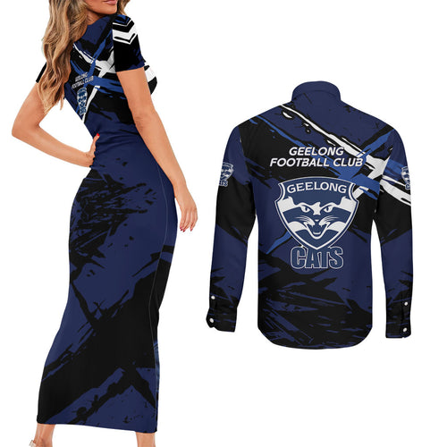 Geelong Football Club Couples Matching Short Sleeve Bodycon Dress and Long Sleeve Button Shirt Cats Muscular Mascot Graphic - Abstract Paint Splatter Art