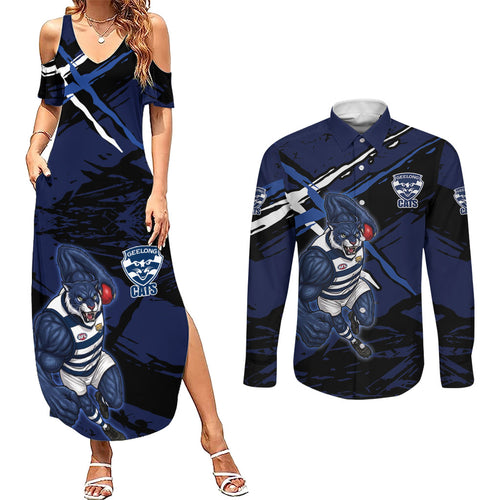 Geelong Football Club Couples Matching Summer Maxi Dress and Long Sleeve Button Shirt Cats Muscular Mascot Graphic - Abstract Paint Splatter Art