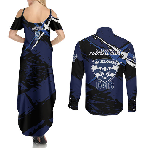 Geelong Football Club Couples Matching Summer Maxi Dress and Long Sleeve Button Shirt Cats Muscular Mascot Graphic - Abstract Paint Splatter Art