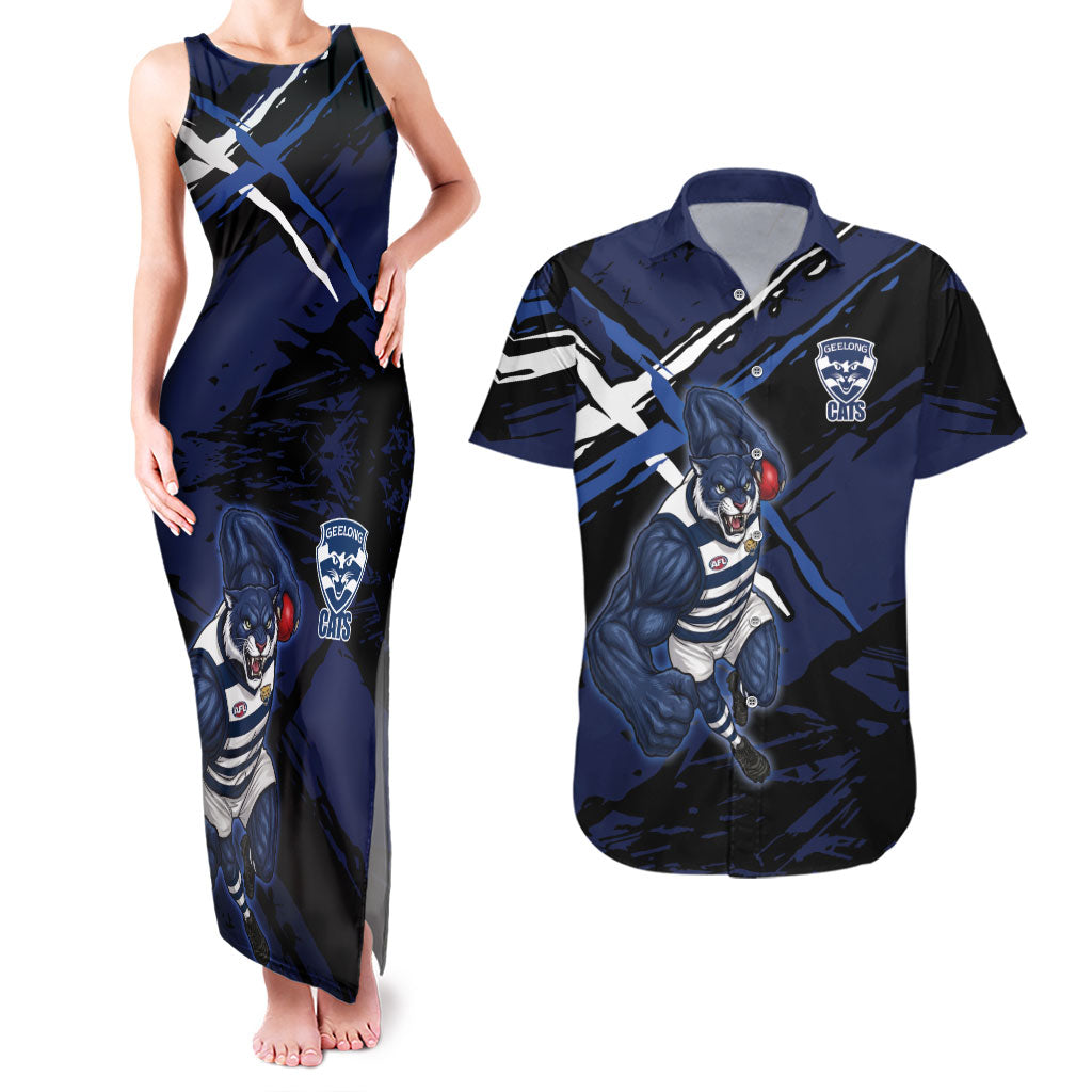 Geelong Football Club Couples Matching Tank Maxi Dress and Hawaiian Shirt Cats Muscular Mascot Graphic - Abstract Paint Splatter Art