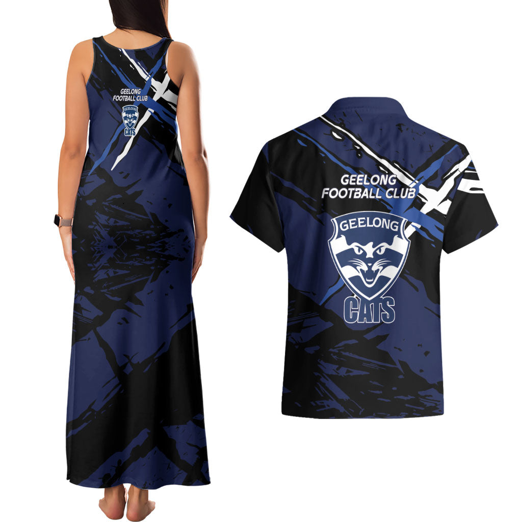 Geelong Football Club Couples Matching Tank Maxi Dress and Hawaiian Shirt Cats Muscular Mascot Graphic - Abstract Paint Splatter Art